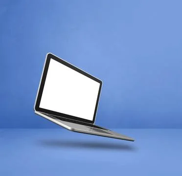 Floating computer laptop isolated on blue. Square background Stock Illustration