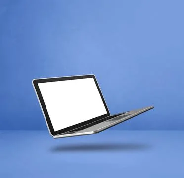 Floating computer laptop isolated on blue. Square background Illustrazione stock