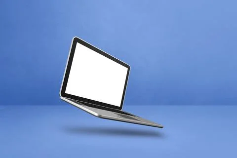 Floating computer laptop isolated on blue. Horizontal background Illustrazione stock