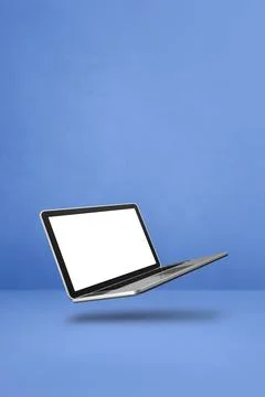Floating computer laptop isolated on blue. Vertical background Stock Illustration
