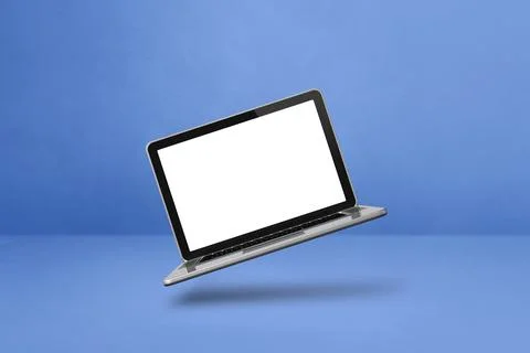 Floating computer laptop isolated on blue. Horizontal background 库存插图