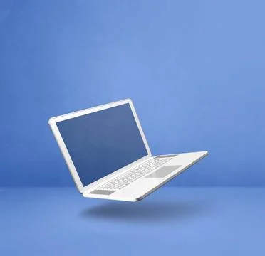 Floating computer laptop isolated on blue. Square background Blank compute... Stock-Fotos