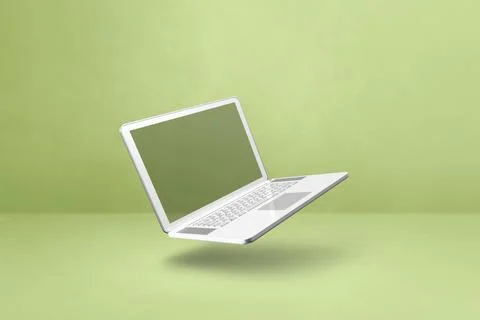 Floating computer laptop isolated on green. Horizontal background Illustrazione stock