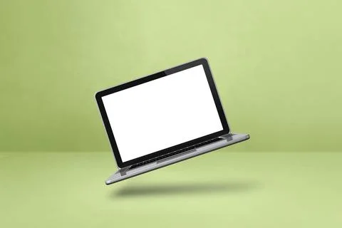 Floating computer laptop isolated on green. Horizontal background Stock Illustration