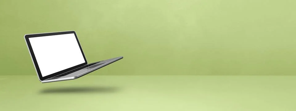 Floating computer laptop isolated on green. Horizontal banner background Illustrazione stock