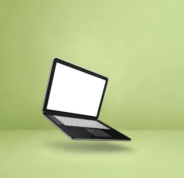Floating computer laptop isolated on green. Square background Stock Illustration