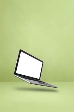 Floating computer laptop isolated on green. Vertical background Stock Illustration
