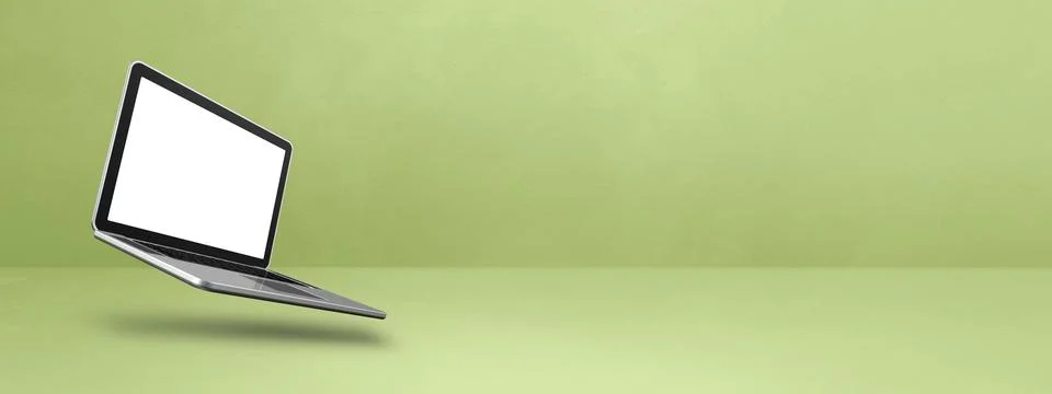 Floating computer laptop isolated on green. Horizontal banner background Stock Illustration