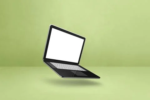 Floating computer laptop isolated on green. Horizontal background Stock Illustration