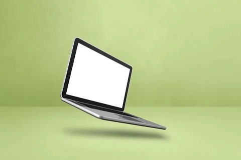 Floating computer laptop isolated on green. Horizontal background Illustrazione stock