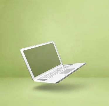 Floating computer laptop isolated on green. Square background 库存插图