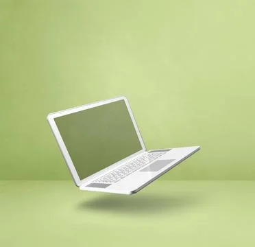 Floating computer laptop isolated on green. Square background Blank comput... Stock-Fotos