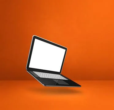 Floating computer laptop isolated on orange. Square background Illustrazione stock