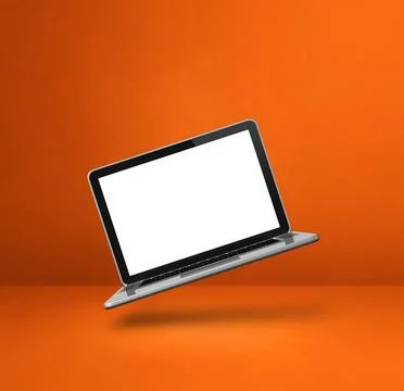 Floating computer laptop isolated on orange. Square background Illustrazione stock