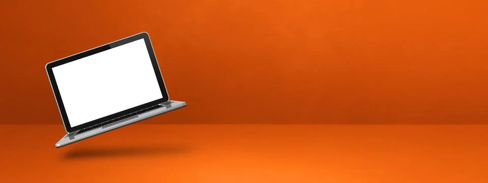 Floating computer laptop isolated on orange. Horizontal banner background Illustrazione stock