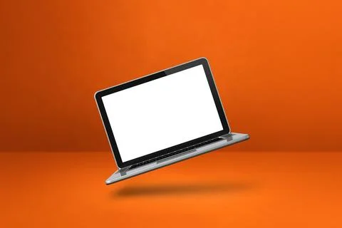 Floating computer laptop isolated on pink. Horizontal background Illustrazione stock