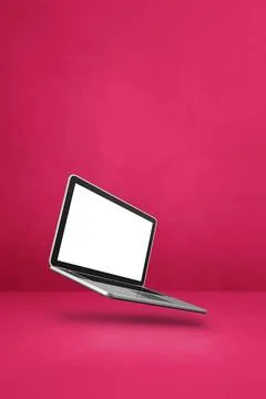 Floating computer laptop isolated on pink. Vertical background Stock Illustration