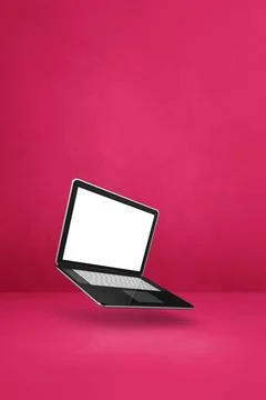 Floating computer laptop isolated on pink. Vertical background Illustrazione stock