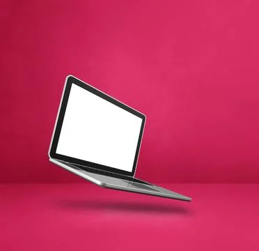 Floating computer laptop isolated on pink. Square background Illustrazione stock