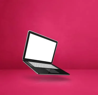 Floating computer laptop isolated on pink. Square background 스톡 일러스트