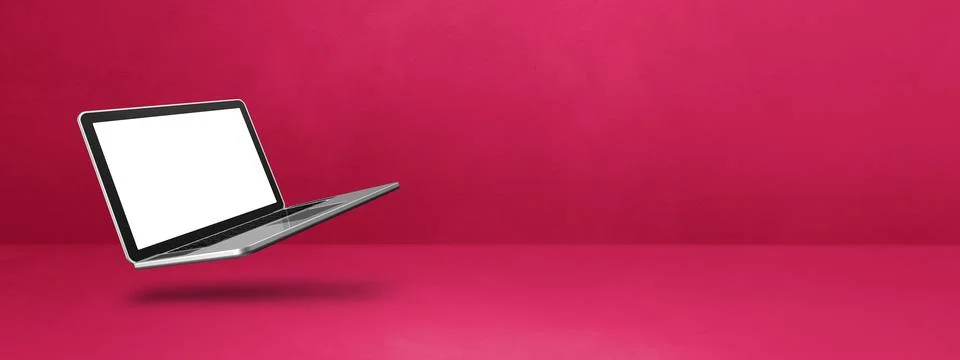 Floating computer laptop isolated on pink. Horizontal banner background Illustrazione stock