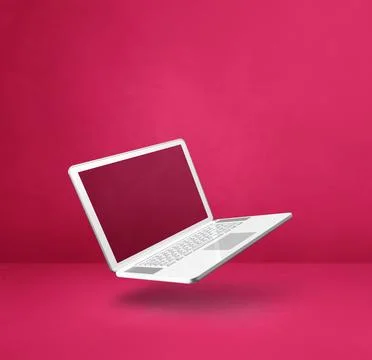 Floating computer laptop isolated on pink. Square background Illustrazione stock