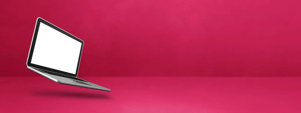 Floating computer laptop isolated on pink. Horizontal banner background Stock Illustration