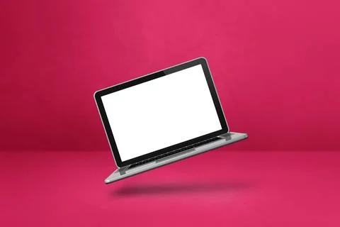 Floating computer laptop isolated on pink. Horizontal background Stock Illustration