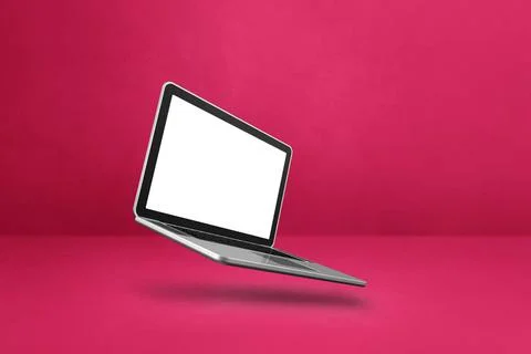 Floating computer laptop isolated on pink. Horizontal background Blank com... Stock Photos