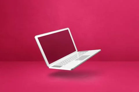 Floating computer laptop isolated on pink. Horizontal background Blank com... Stock Photos