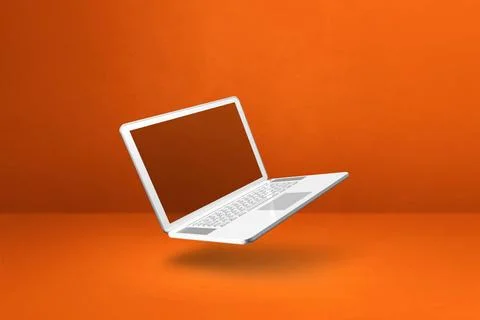 Floating computer laptop isolated on pink. Horizontal background Blank com... Stock Photos