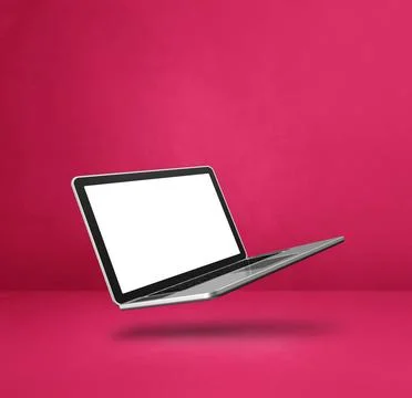 Floating computer laptop isolated on pink. Square background Blank compute... Stock Photos