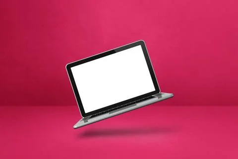 Floating computer laptop isolated on pink. Horizontal background Blank com... Stock-Fotos