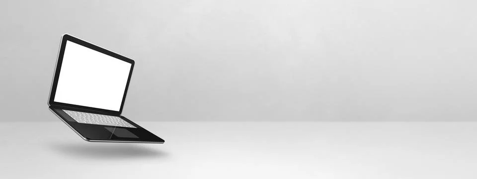 Floating computer laptop isolated on white. Horizontal banner background Illustrazione stock