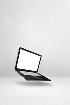 Floating computer laptop isolated on white. Vertical background Stock Illustration