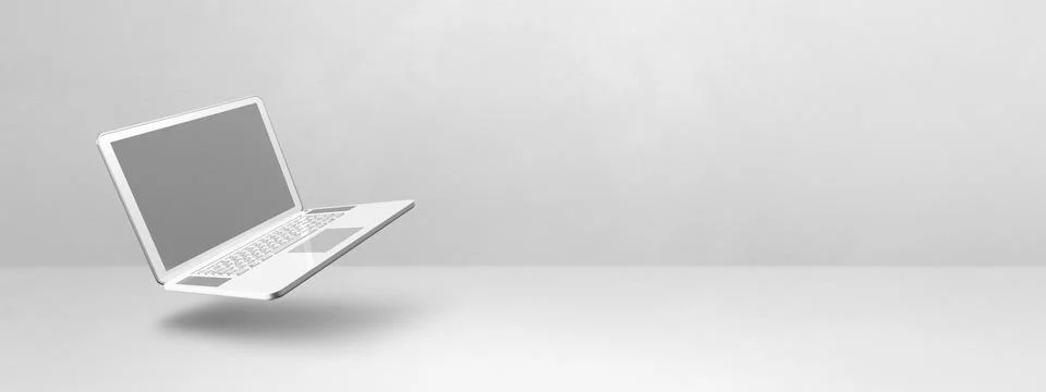 Floating computer laptop isolated on white. Horizontal banner background Illustrazione stock