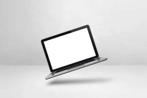Floating computer laptop isolated on white. Horizontal background Illustrazione stock