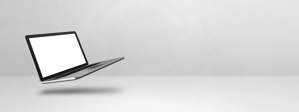 Floating computer laptop isolated on white. Horizontal banner background Illustrazione stock