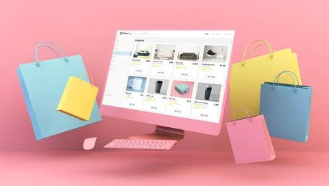 Floating computer online shop and shopping bags Stock Illustration