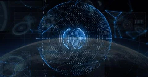 Floating concentric holographic data spheres revolving above planet horizon, Stock Illustration