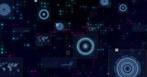 Floating concentric HUD element glowing in data environment, with graph and map Stock Photos