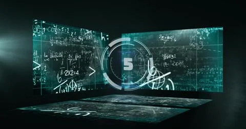 Floating countdown timer displaying five in virtual chamber, with holographic 스톡 일러스트