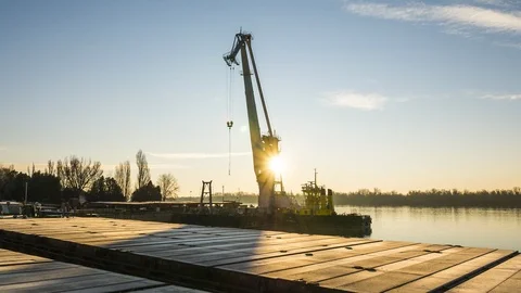 Floating crane at the pier аt  the shipyard. Stock Footage 86411664