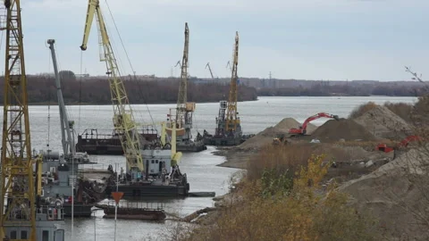 Floating crane unloads sand Stock Footage 85892821