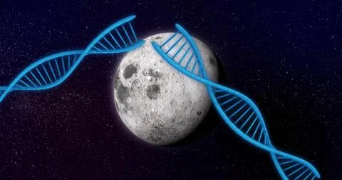 Floating cratered Moon centered in dense star field, curving neon blue DNA Stock Illustration