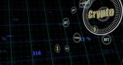 Floating crypto cluster hovering on digital HUD grid, showing NFT or $ or Stock Illustration