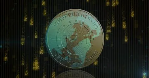Floating Crypto NFT coin hovering above dark grid mirroring on floor, cascading 库存照片