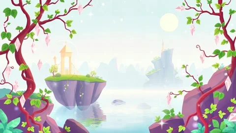 Floating Crystal Isles: Animated Scene with Crystals, Sky, and Water Reflection Stock Footage 307473676