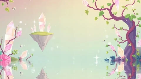 Floating Crystal Isles: Animated Scene with Crystals, Sky, and Water Reflection Stock Footage 307473750
