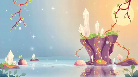 Floating Crystal Isles: Animated Scene with Crystals, Sky, and Water Reflection Stock Footage 307473778